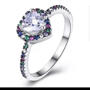 New heart white gold ring rainbow stone ring